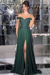 Dark Green Off-the-Shoulder Sleeveless A-Line Lace Beaded Front Slit Formal Evening Gown
