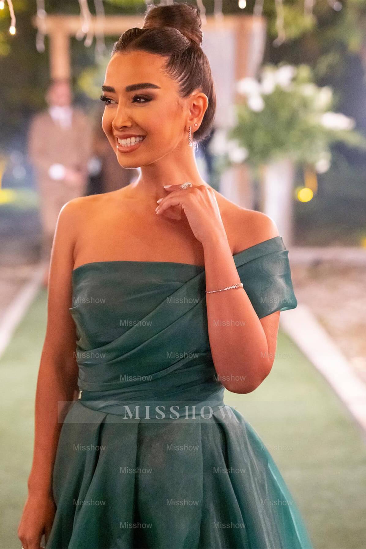 Dark green off-the-shoulder bow A-line evening dress