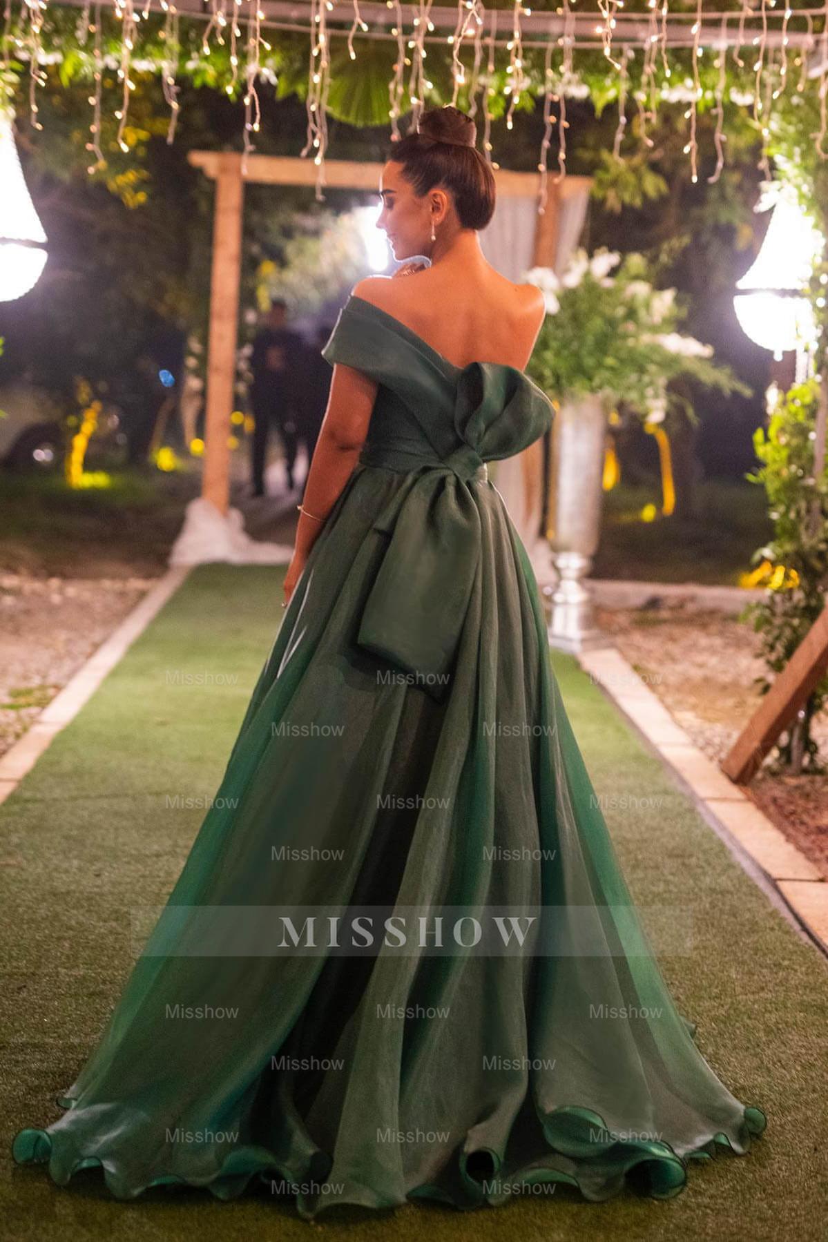 Dark green off-the-shoulder bow A-line evening dress