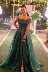 Dark green off-the-shoulder bow A-line evening dress