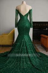 Dark Green Off-the-shoulder Long Sleeve Sequined Mermaid Beaded Floor Length Evening Gown