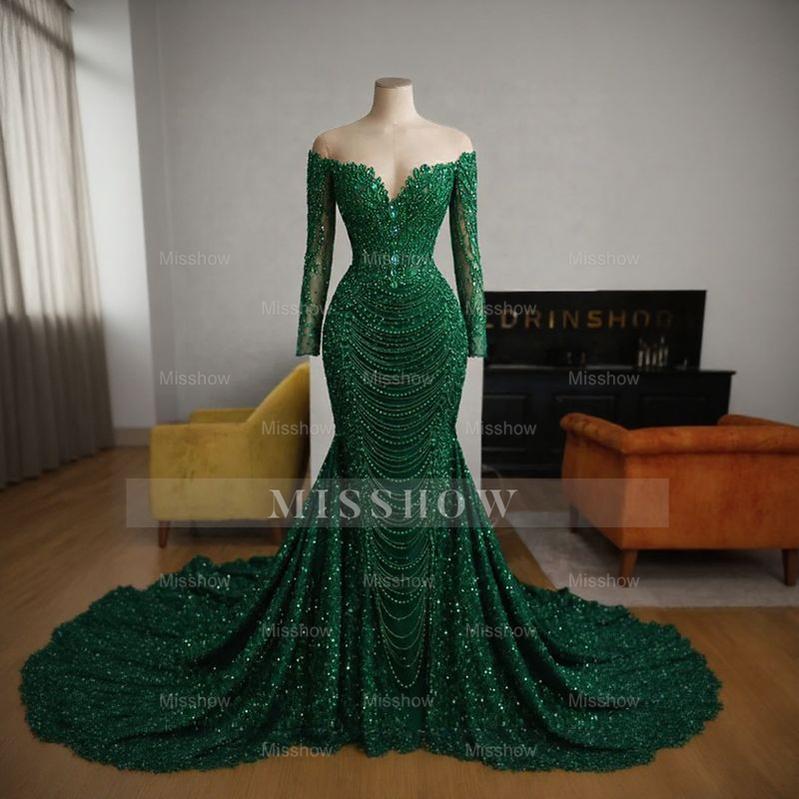 Dark Green Off-the-shoulder Long Sleeve Sequined Mermaid Beaded Floor Length Evening Gown