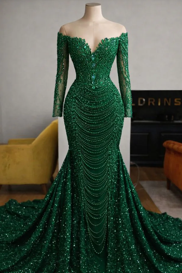 Dark Green Off-the-shoulder Long Sleeve Sequined Mermaid Beaded Floor Length Evening Gown