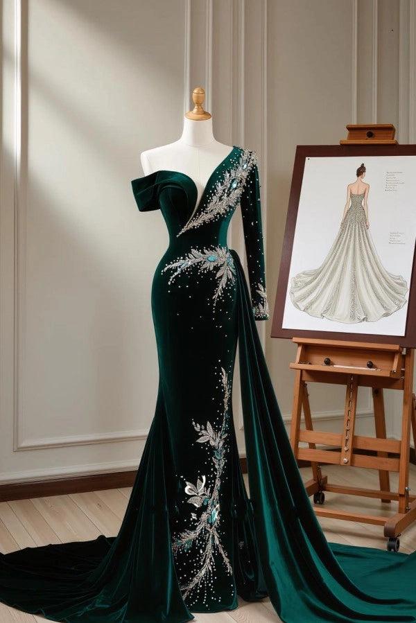 Dark Green One Shoulder Long Sleeve Mermaid Velvet Applique Floor Formal Evening Gown