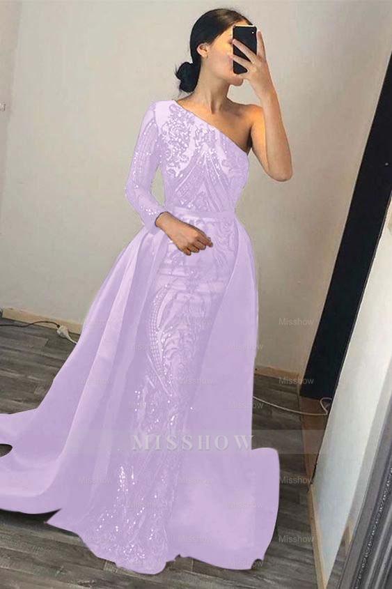 Dark Green Overskirt One Shoulder Long Sleeve Mermaid Formal Dress With Sequins