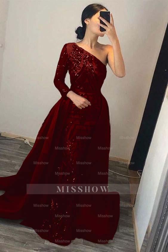 Dark Green Overskirt One Shoulder Long Sleeve Mermaid Formal Dress With Sequins