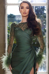 Dark Green Satin Ruched Long Sleeve Evening Dress Sheer Beaded Sleeves Feather Cuff High Split Formal Gown