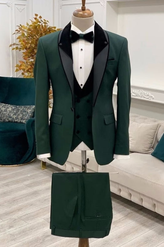 Dark Green Shawl Collar Three-Piece Close-Fitting Wedding Ensemble