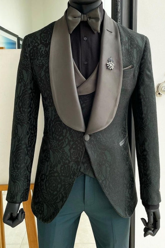 Dark Green Shawl Collar Three-Piece Slim Fit Jacquard Wedding Suit