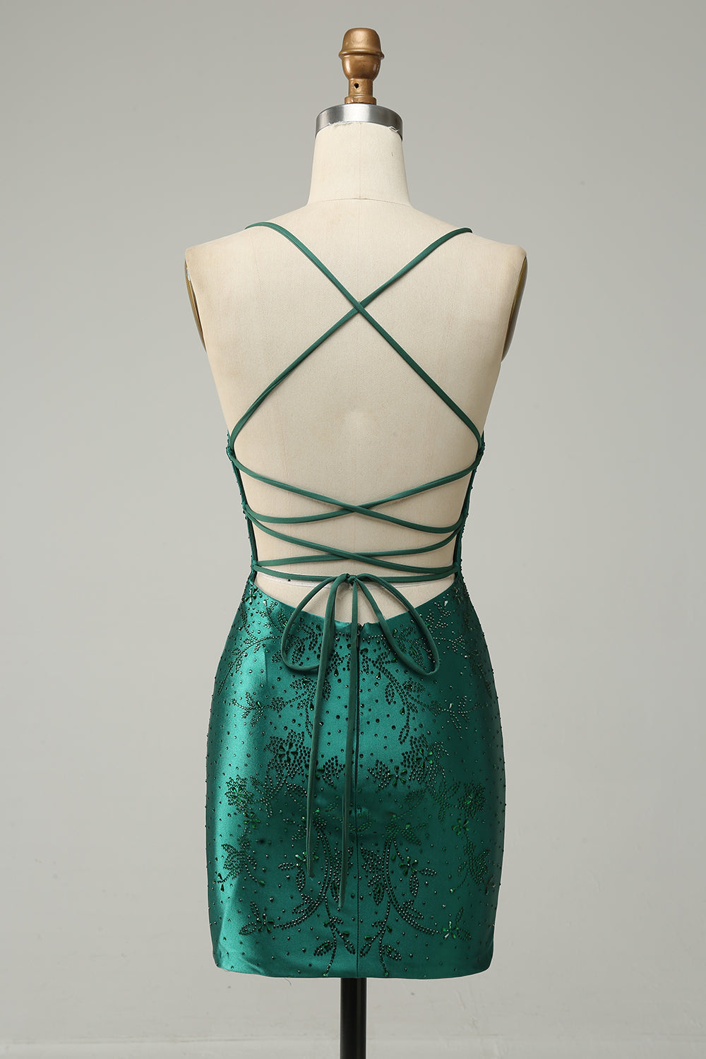 Dark Green Spaghetti Straps Floral Beading Rhinestone Scatter Satin Lace-Up Open Back Side Split Bodycon Homecoming Dress Mini