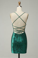 Dark Green Spaghetti Straps Floral Beading Rhinestone Scatter Satin Lace-Up Open Back Side Split Bodycon Homecoming Dress Mini