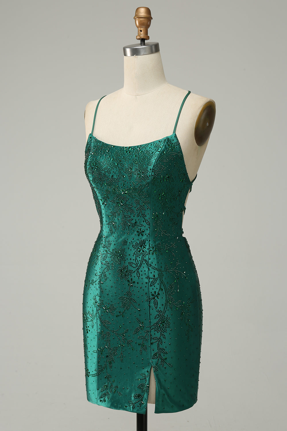 Dark Green Spaghetti Straps Floral Beading Rhinestone Scatter Satin Lace-Up Open Back Side Split Bodycon Homecoming Dress Mini