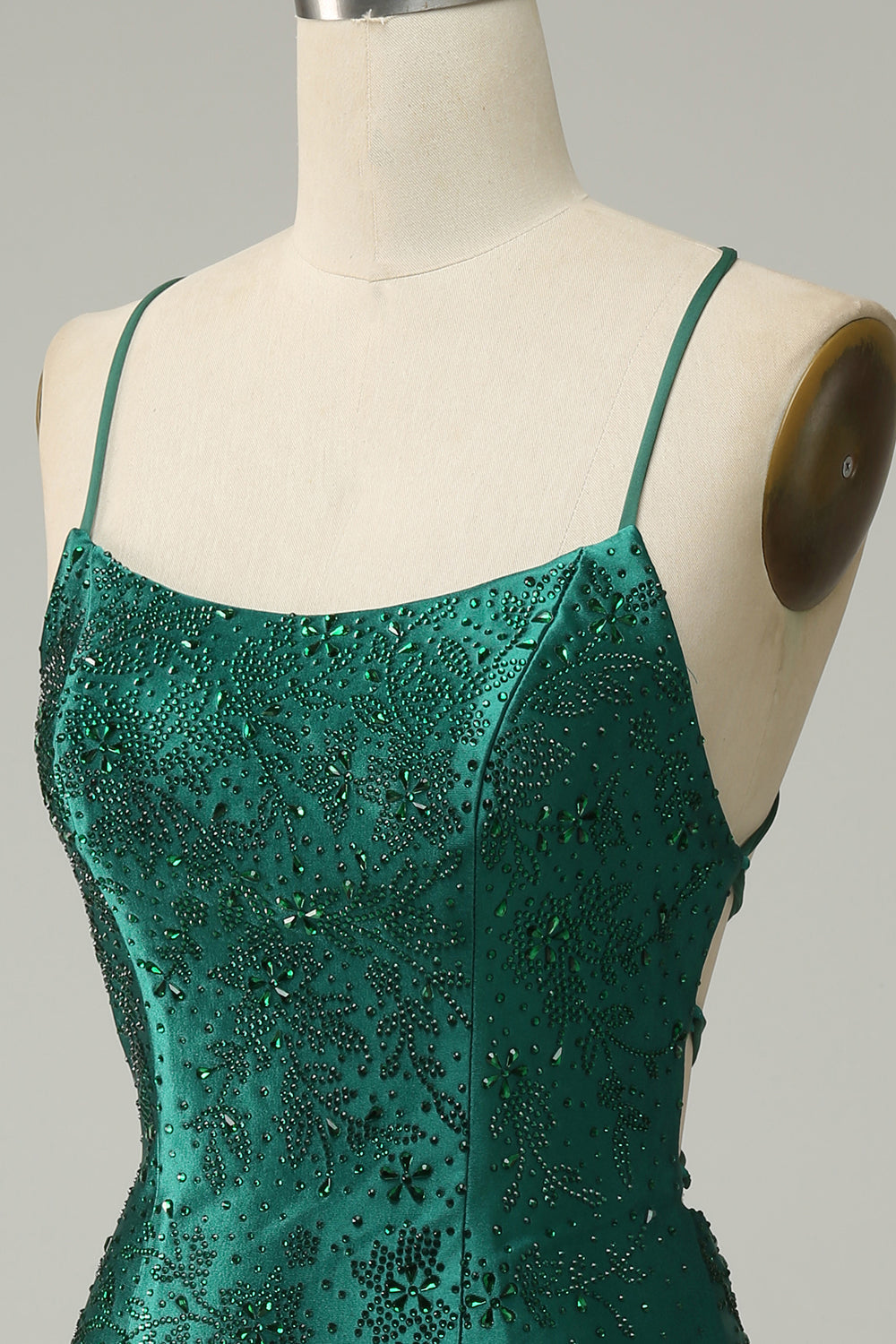 Dark Green Spaghetti Straps Floral Beading Rhinestone Scatter Satin Lace-Up Open Back Side Split Bodycon Homecoming Dress Mini