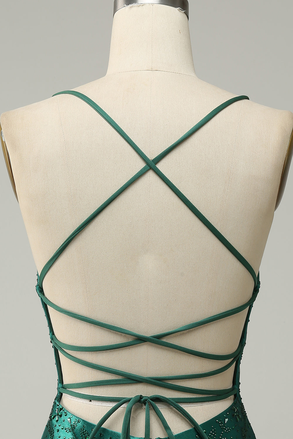 Dark Green Spaghetti Straps Floral Beading Rhinestone Scatter Satin Lace-Up Open Back Side Split Bodycon Homecoming Dress Mini