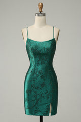 Dark Green Spaghetti Straps Floral Beading Rhinestone Scatter Satin Lace-Up Open Back Side Split Bodycon Homecoming Dress Mini