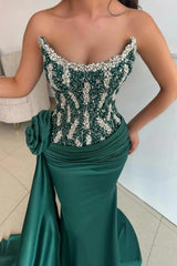 Dark Green Strapless Beaded Mermaid Satin 3D Floral Evening Gown with Sweep Train
