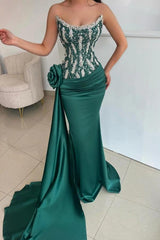 Dark Green Strapless Beaded Mermaid Satin 3D Floral Evening Gown with Sweep Train