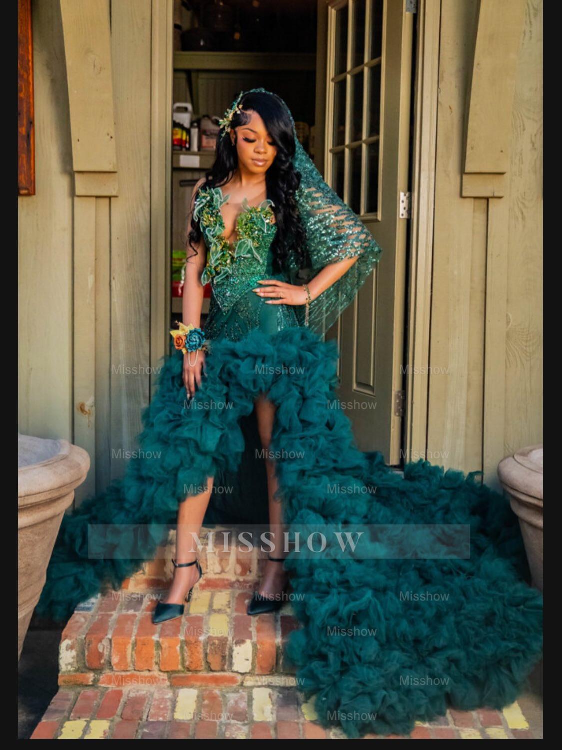 dark green ruffle prom dress lace up back dress prom Wedtrend Women Dark Green Prom Dress Mermaid Spaghetti Straps Lace-Up Back Applique Formal Dress with Slit WEDTREND