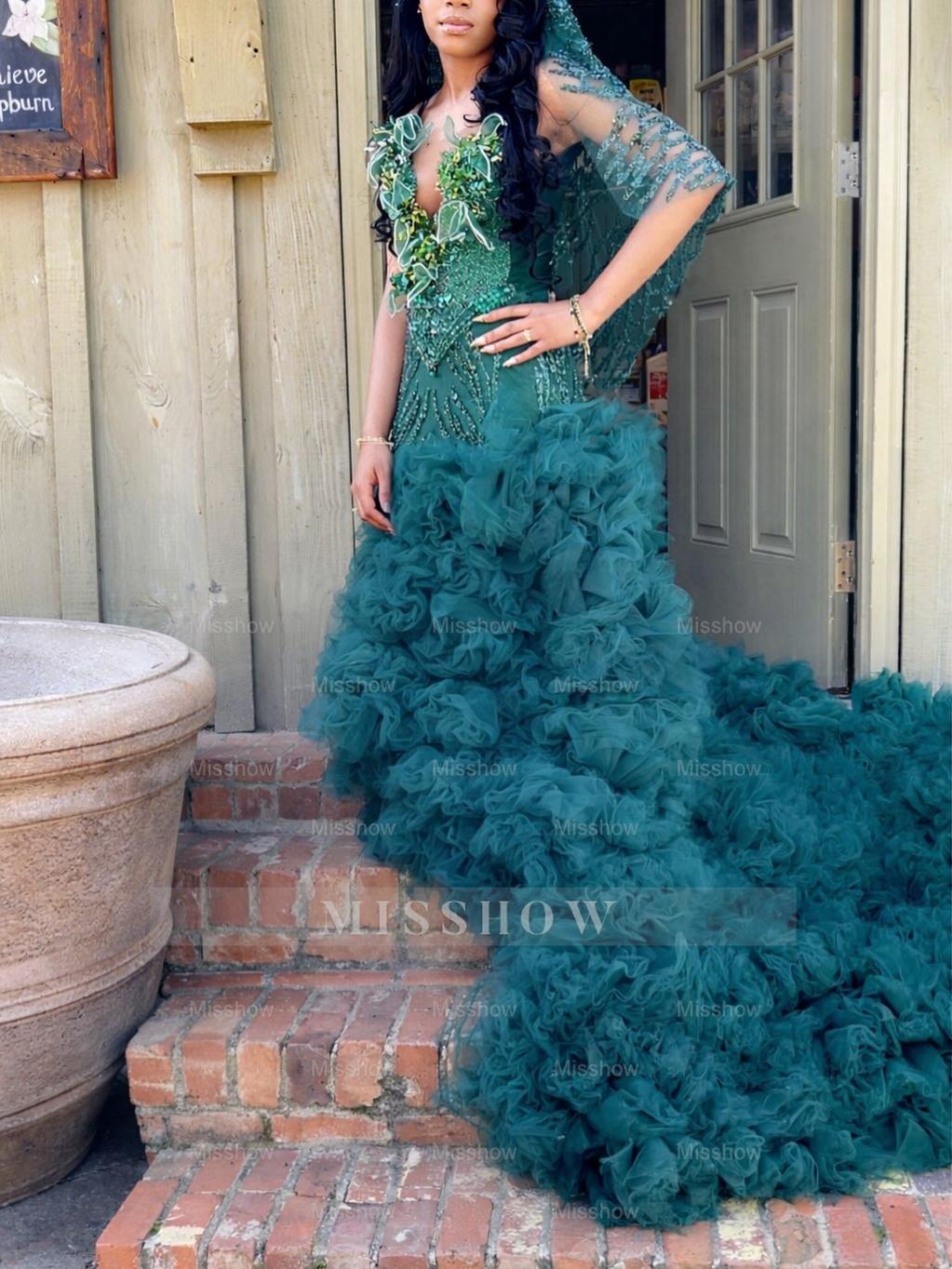 dark green ruffle prom dress ZAPAKA Women Sparkly Dark Green Long Prom Dress A-Line Spaghetti Straps Corset Appliques Ruffles Evening Dress with Slit, Dark Green / US24W