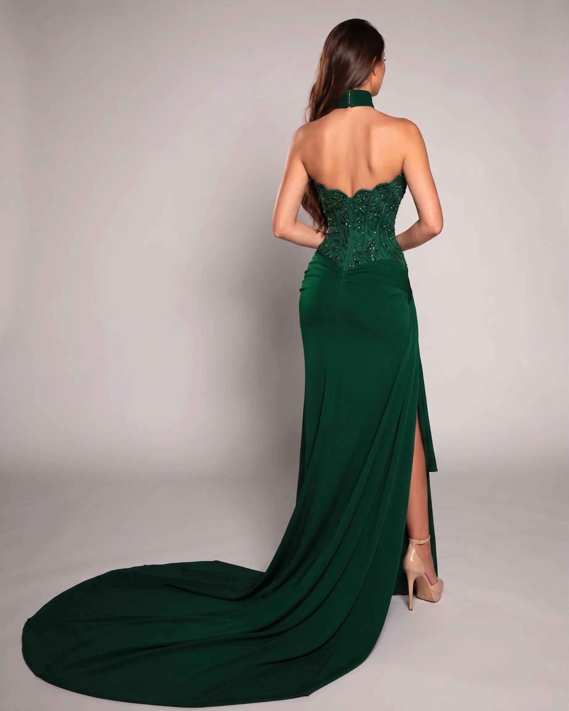 Dark Green Sweetheart Mermaid Formal Dress Sequin Corset Open Back High Slit Chapel Train Evening Gown