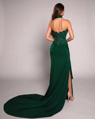 Dark Green Sweetheart Mermaid Formal Dress Sequin Corset Open Back High Slit Chapel Train Evening Gown