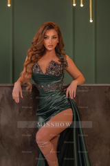 Dark Green Sweetheart Sleeveless Beaded Mermaid Satin Slit Floor Formal Evening Gown