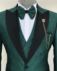 Dark Green Three-Piece Jacquard Peak Lapel Men’s Suit