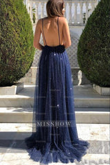 Dark Navy Deep V Neck Backless Spaghetti Strap Long Formal Dress With Sequins