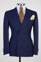 Dark Navy Double Breasted Peak Lapel Slim Fit Trendy Men’s Suits