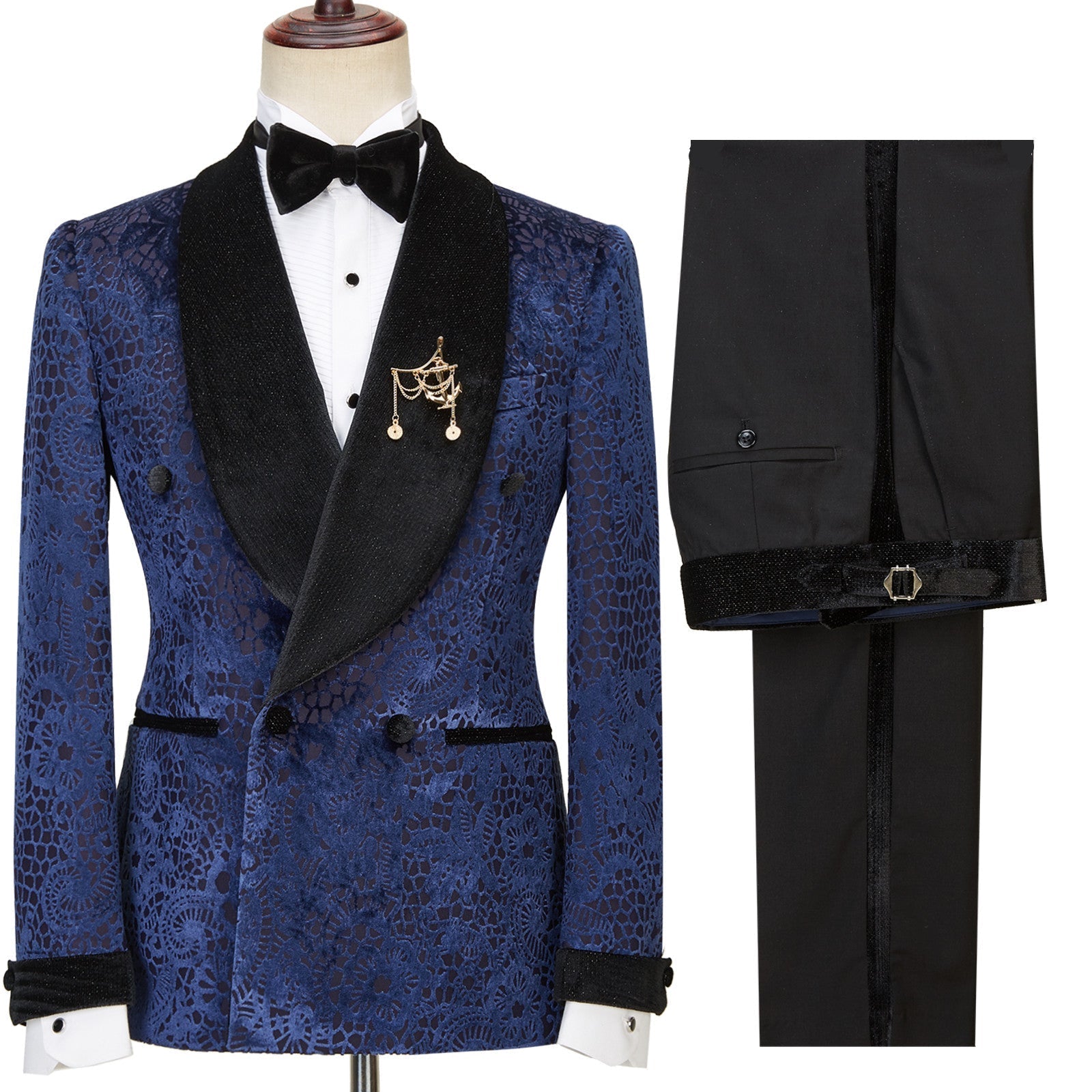 Dark Navy Jacquard Double Breasted Sparkling Shawl Lapel Men’s Wedding Attire