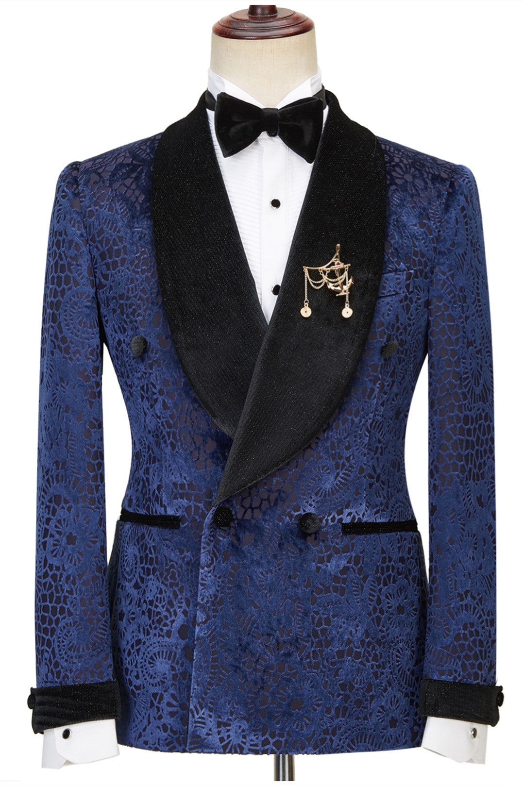 Dark Navy Jacquard Double Breasted Sparkling Shawl Lapel Men’s Wedding Attire
