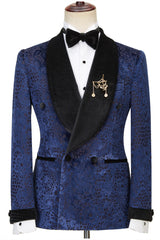 Dark Navy Jacquard Double Breasted Sparkling Shawl Lapel Men’s Wedding Attire