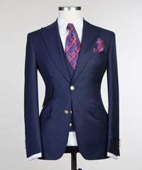Dark Navy Stylish Peak Lapel Three-Piece Men’s Suits