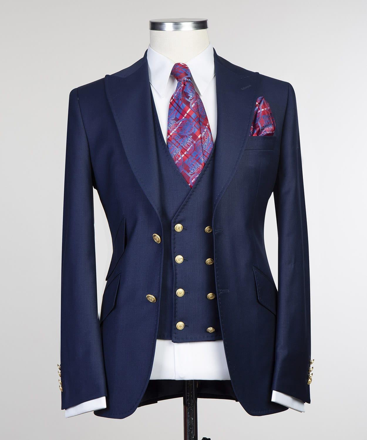 Dark Navy Stylish Peak Lapel Three-Piece Men’s Suits