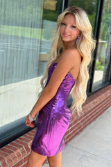 Dark Purple Strapless Bodycon Ruched Short Homecoming Dress