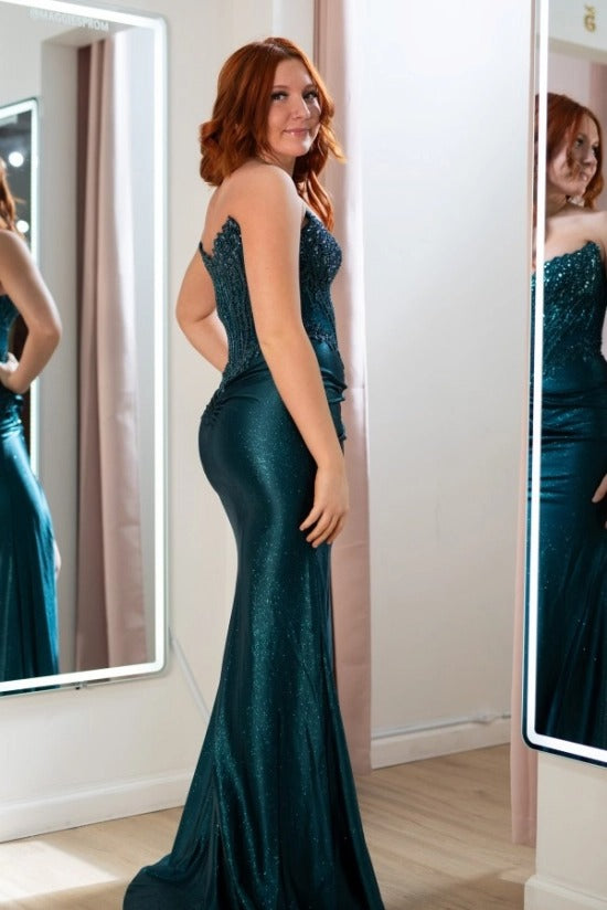 Dark Teal Off-the-Shoulder Mermaid Evening Dress Sequin Lace Applique Beaded Bodice High Split Formal Gown