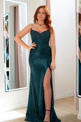 Dark Teal Off-the-Shoulder Mermaid Evening Dress Sequin Lace Applique Beaded Bodice High Split Formal Gown
