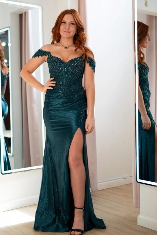 Dark Teal Off-the-Shoulder Mermaid Evening Dress Sequin Lace Applique Beaded Bodice High Split Formal Gown