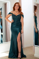 Dark Teal Off-the-Shoulder Mermaid Evening Dress Sequin Lace Applique Beaded Bodice High Split Formal Gown