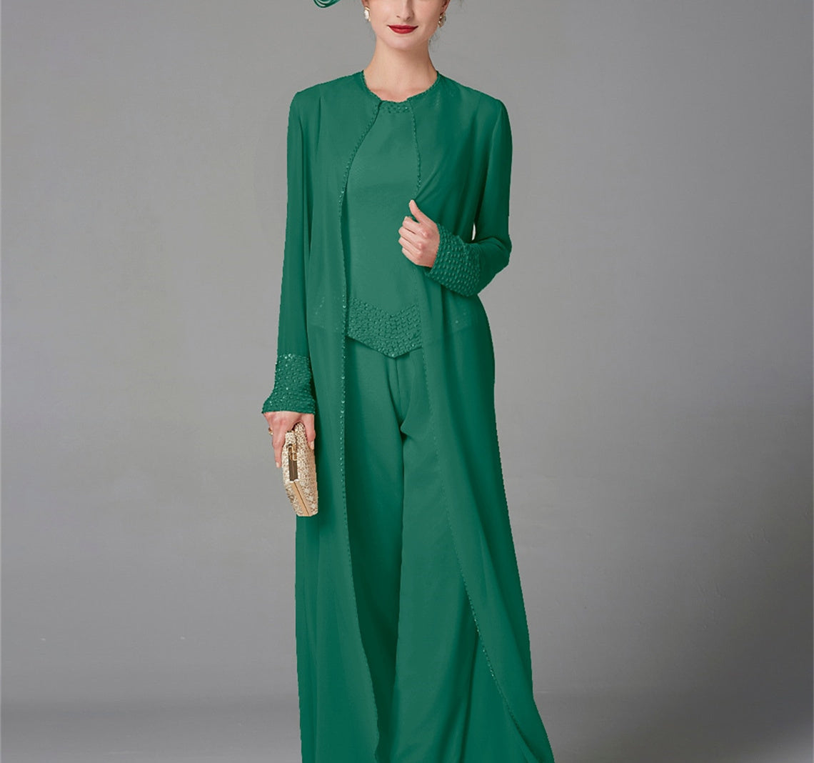 Chiffon Long Sleeves Mother Of The Bride Pantsuits With Jacket Sequins