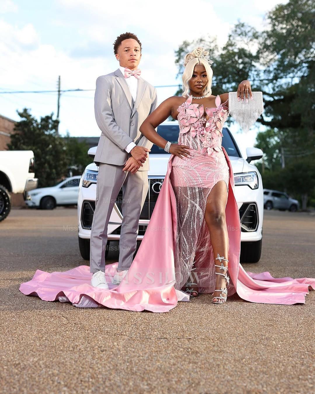 Dazzling Pink Sweetheart Sleeveless Mermaid Prom Dress with 3D Flowers and Detachable Train