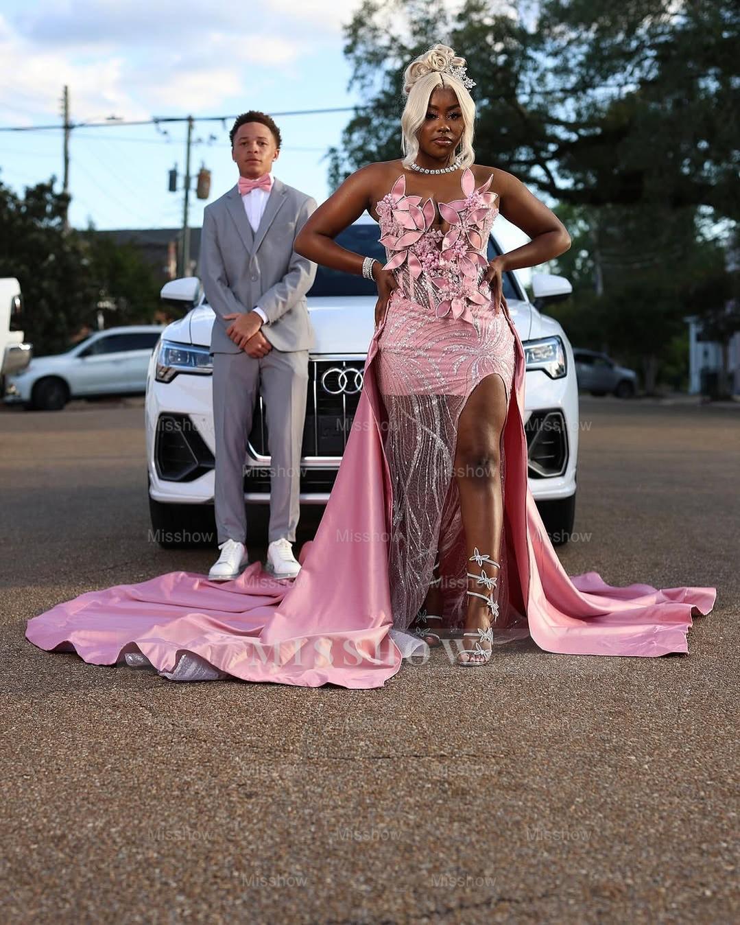 Dazzling Pink Sweetheart Sleeveless Mermaid Prom Dress with 3D Flowers and Detachable Train