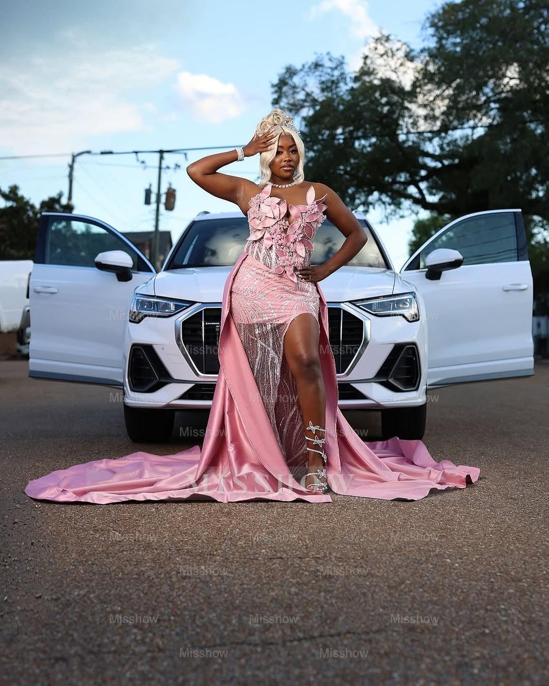 Dazzling Pink Sweetheart Sleeveless Mermaid Prom Dress with 3D Flowers and Detachable Train