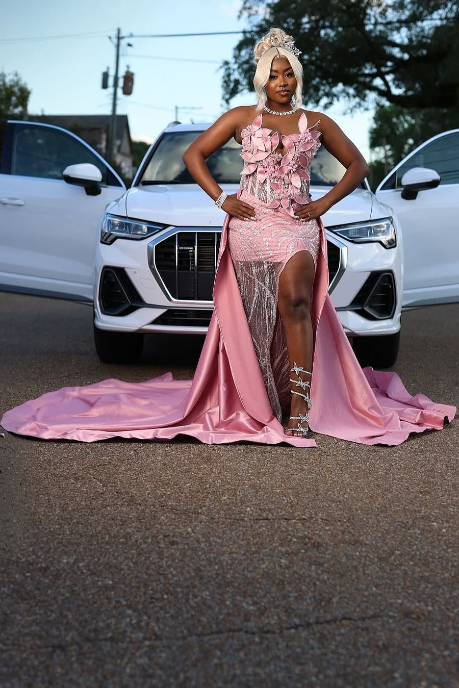 Dazzling Pink Sweetheart Sleeveless Mermaid Prom Dress with 3D Flowers and Detachable Train