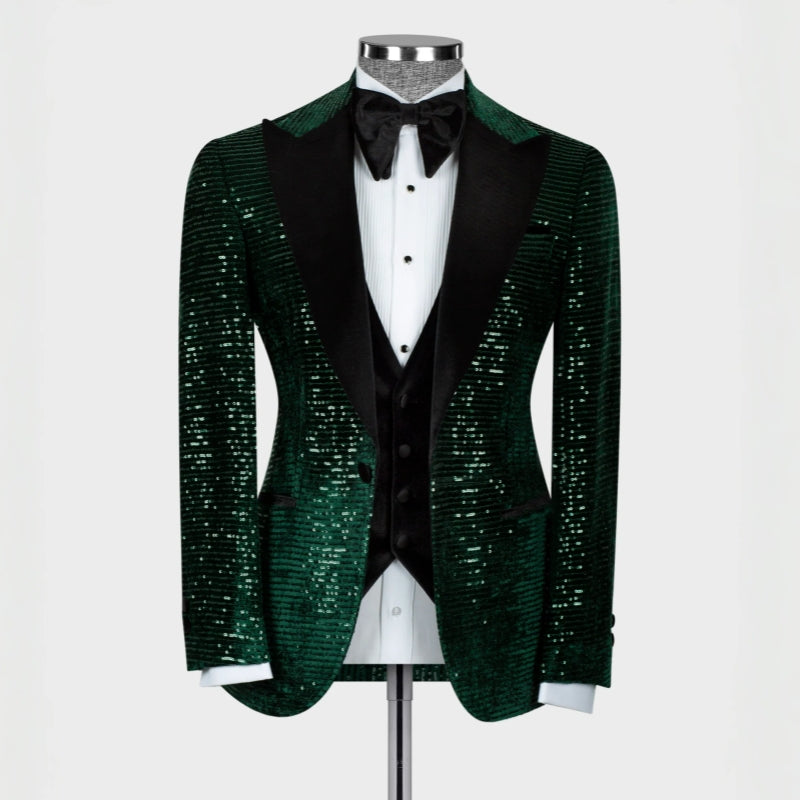 Decent Dark Green Three-Piece Sequined Peaked Lapel Prom Suit For Men