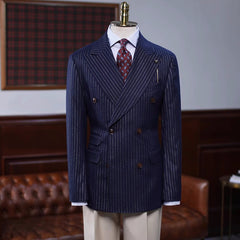 Decent Navy Blue Striped Peaked Lapel Double-Breasted Prom Suit