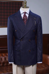 Decent Navy Blue Striped Peaked Lapel Double-Breasted Prom Suit