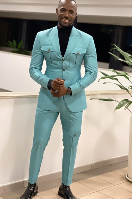 Decent Teal Peak Lapel Slim Fit Prom Suit