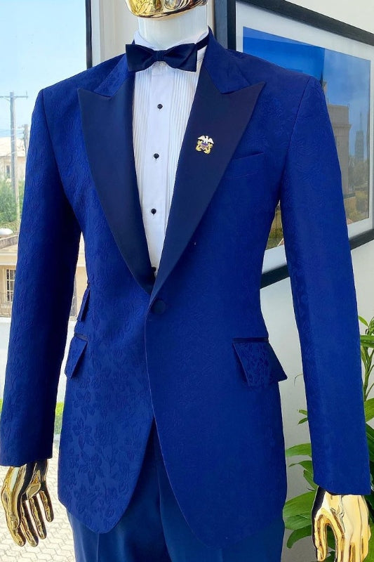 Deep Blue Peaked Lapel Slim Fit Jacquard Prom Suit For Men
