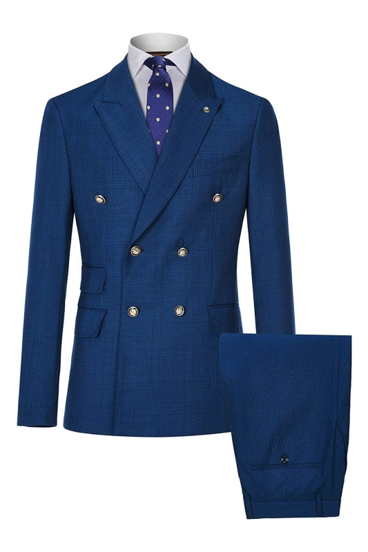 Deep Blue Plaid Double-Breasted Tailored Men's Business Suit